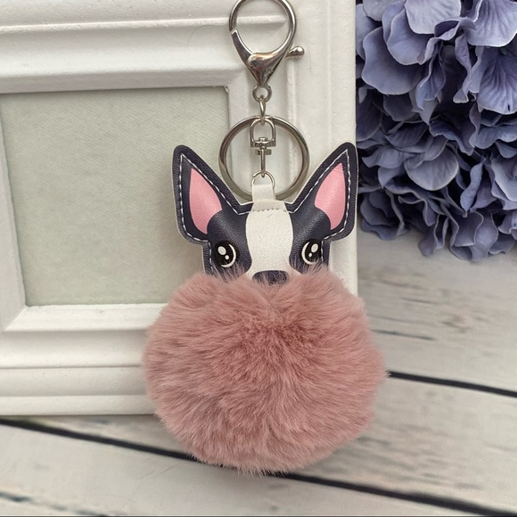 Cute Dog on Dusty Pink Pom Pom Keychain - Picture 3 of 11